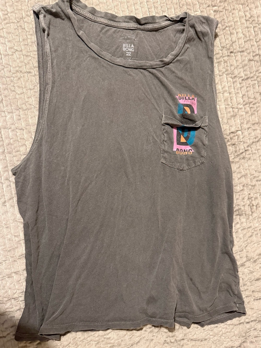 Billabong Gray Sleeveless Pocket Tank with Multicolor Logo